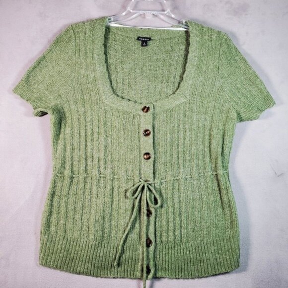 Torrid Sweater Top Womens L Green Ribbed Short Sleeve Button Tie Waist Cottage - Picture 1 of 8